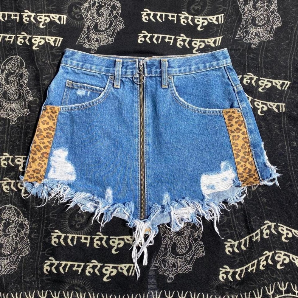 Carmar Blue Denim Mini Skirt with Leopard Trim